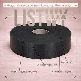 Taśma ogrodzeniowa 19 cm x 50 m osłona na ogrodzenia panelowe + klipsy montażowe 20 szt. antracyt