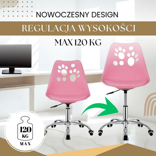 Fotel biurowy obrotowy krzesło na kółkach regulowane, dla dzieci do nauki różowe
