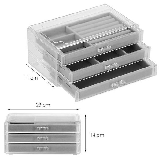 Szkatułka na biżuterię 23x14x11 cm szary welurowy organizer z przegródkami 