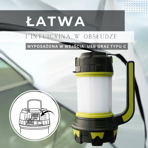 Latarka wielofunkcyjna, turystyczna, biwakowa LED 6 trybów świecienia, z funkcją powerbank