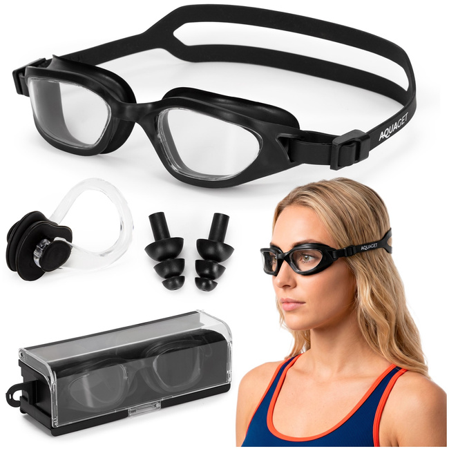 Okulary do pływania z zatyczkami do uszu, nosa zestaw okularki na basen UV Anti-fog