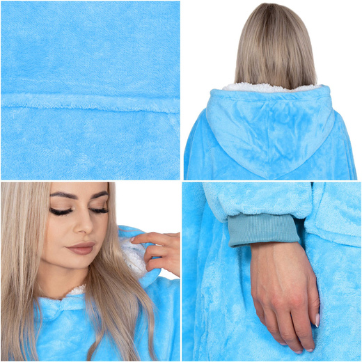 Kocobluza damska męska oversize koc bluza 2w1 z kapturem XXL ciepła morski niebieski