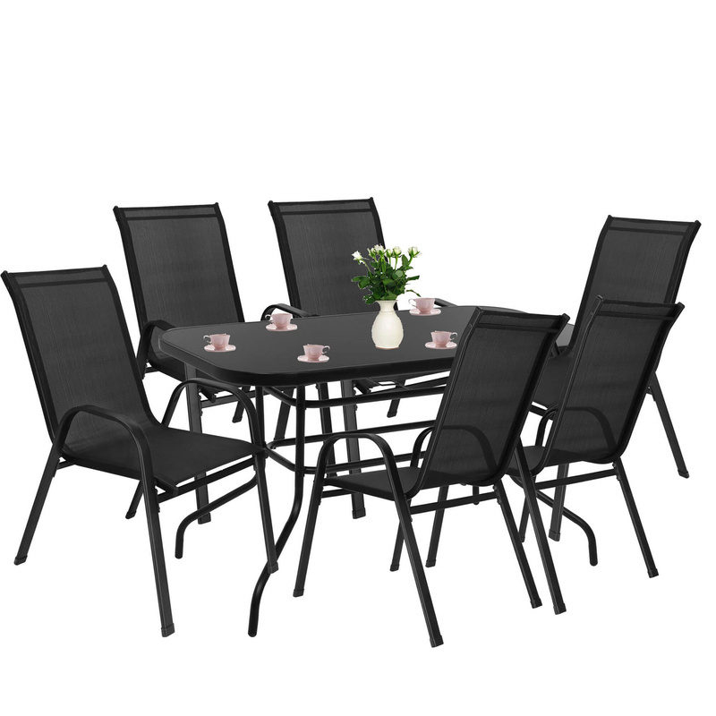 Meble ogrodowe metalowe, zestaw stół szklany 120 cm i 6 krzeseł na taras balkon czarne