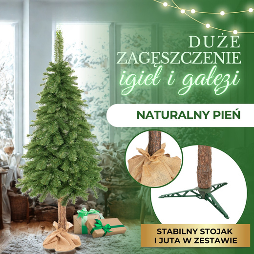 Choinka na pniu 180 cm sztuczna sosna premium gęsta ze stojakiem i jutą