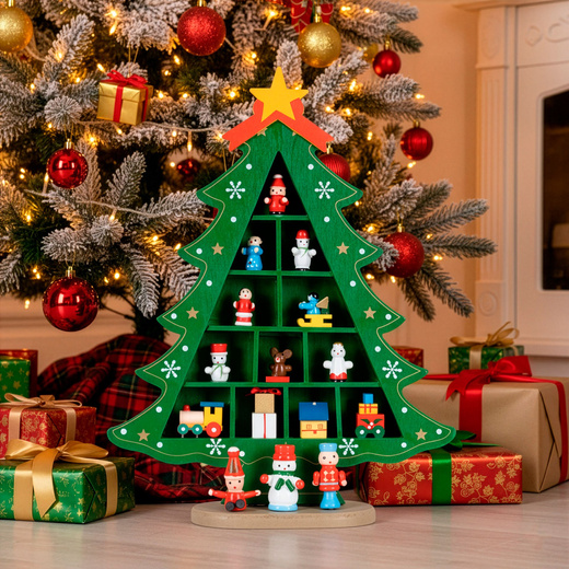 Choinka drewniana świąteczna 28 cm z figurkami dekoracja bożonarodzeniowa