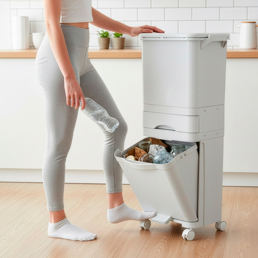 Kosz na śmieci, trzykomorowy 42 l do segregacji odpadów, na kółkach, biały
