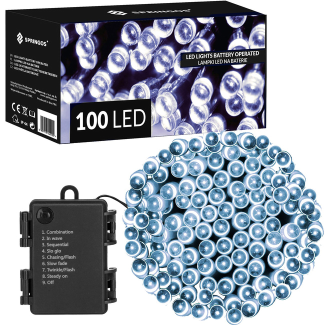 Lampki choinkowe 100 Led na baterie zimny biały z programatorem