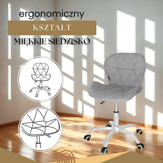 Fotel biurowy obrotowy krzesło na kółkach, do nauki, pracy przed komputerem szare