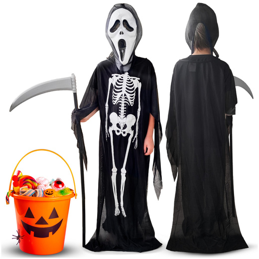 Strój na Halloween dla dzieci kostium śmierć z maską, peleryną i kosą kostucha przebranie