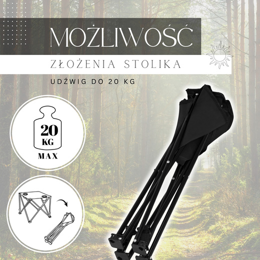 Zestaw kempingowy stolik i 2 krzesła z oparciem, składane meble turystyczne czarny