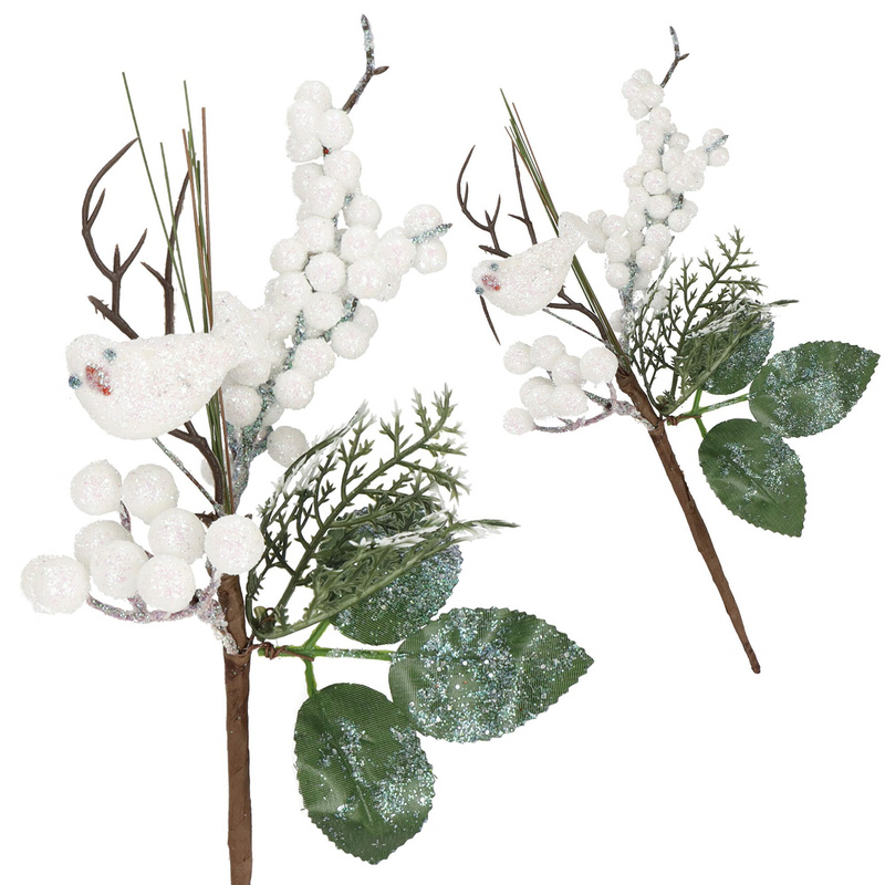 Gałązka świąteczna liść dekoracja z brokatowym ptaszkiem do stroika 25,5 cm