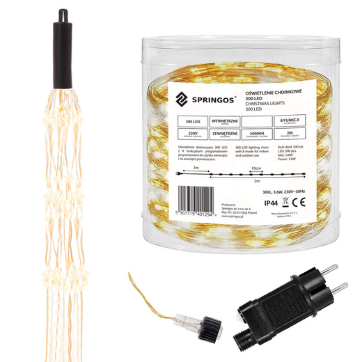 Lampki choinkowe 300 LED na prąd włosy anioła ciepły biały