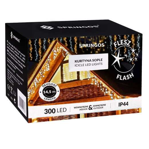 Kurtyna świetlna 300 led girlanda, lampki wewnętrzno-zewnętrzne sople biały ciepły + biały flash