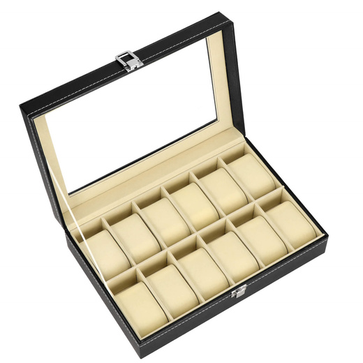Szkatułka na zegarki 30x20x8 cm czarno-kremowa, ekoskóra organizer z 12 przegródkami