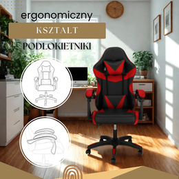 Fotel gamingowy, biurowy z regulacją nachylenia oparcia, krzesło obrotowe dla gracza, ekoskóra, czarno-czerwony