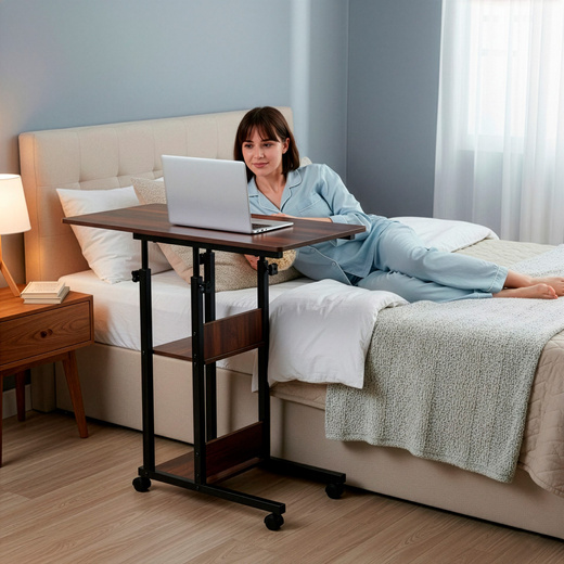 Stolik na kółkach regulowany 76-86 cm biurko mobilne pod laptopa ciemnobrązowe