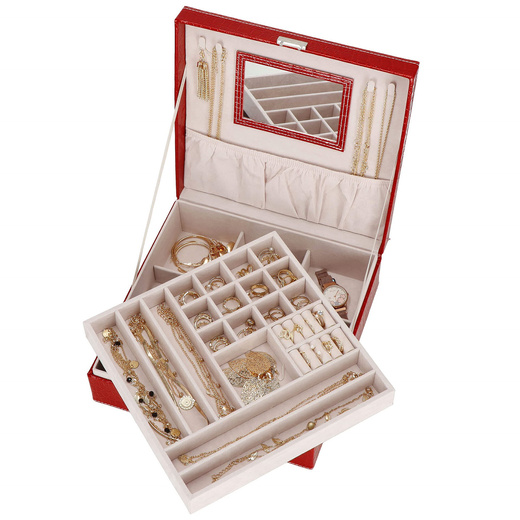 Szkatułka na biżuterię ekoskóra 26x26x8,5 cm czerwony organizer z przegródkami