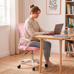 Fotel biurowy ergonomiczny obrotowe krzesło na kółkach regulowane, uniwersalne, różowe