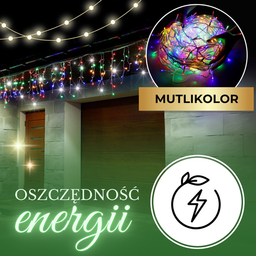 Kurtyna świetlna 1500 led girlanda, lampki wewnętrzno-zewnętrzne 67,5m sople multikolor