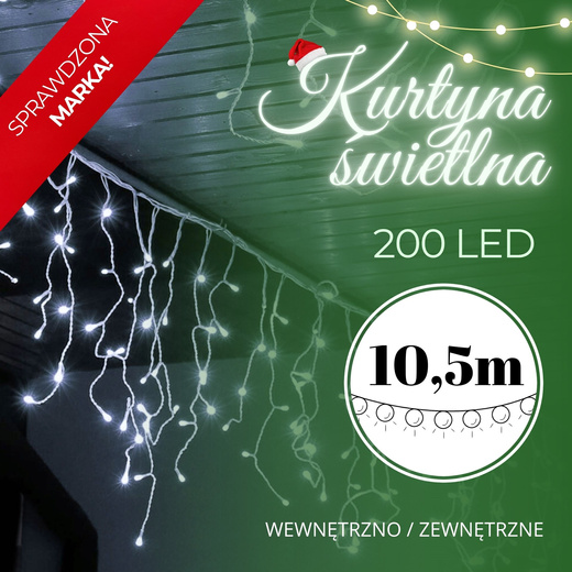 Kurtyna świetlna 200 led girlanda, lampki wewnętrzno-zewnętrzne sople zimny biały