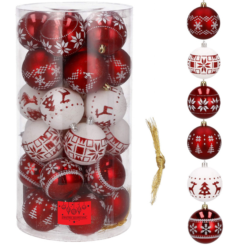 Bombki choinkowe 30 szt. ozdoby świąteczne zestaw 6,5 cm biało-czerwone
