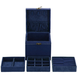 Szkatułka na biżuterię ekoskóra 12x12x12 cm granatowy, welurowy organizer z przegródkami