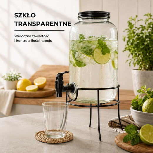 Słój szklany 3,2l z kranikiem na stojaku pojemnik na lemoniadę dyspozytor do napojów