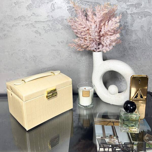 Szkatułka na biżuterię ekoskóra 17,5x14x12,5 cm ecru organizer z przegródkami