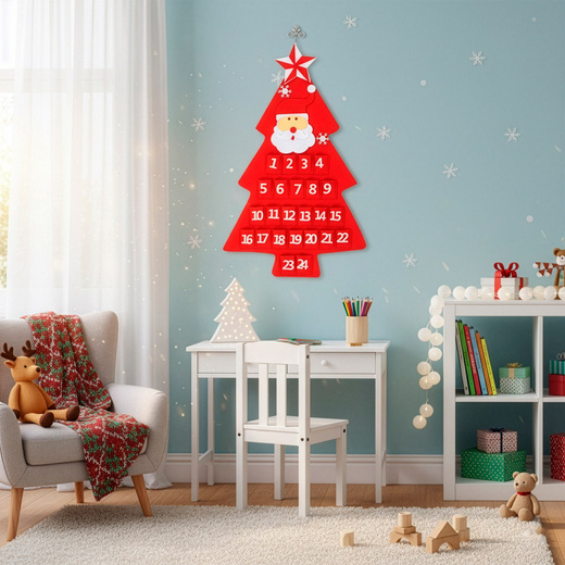 Kalendarz adwentowy, wiszący z 24 okienkami filcowy choinka z mikołajem czerwony