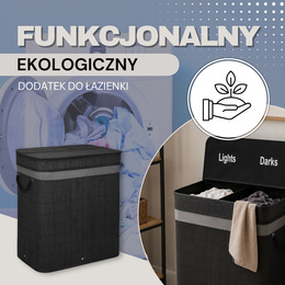 Kosz na pranie 100L z pokrywą czarny bambus dwukomorowy 