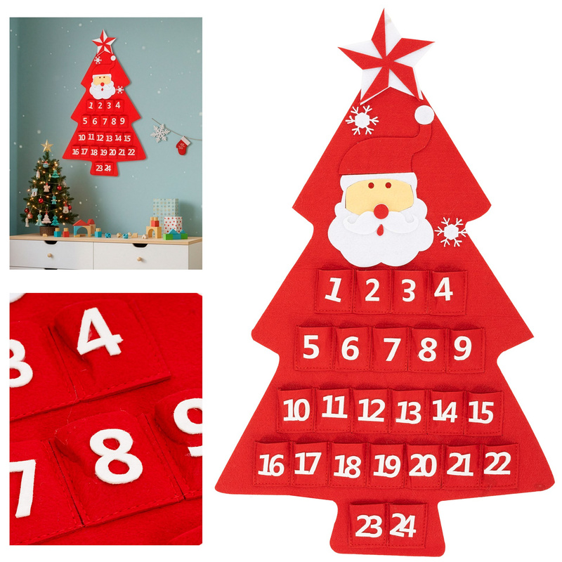 Kalendarz adwentowy, wiszący z 24 okienkami filcowy choinka z mikołajem czerwony