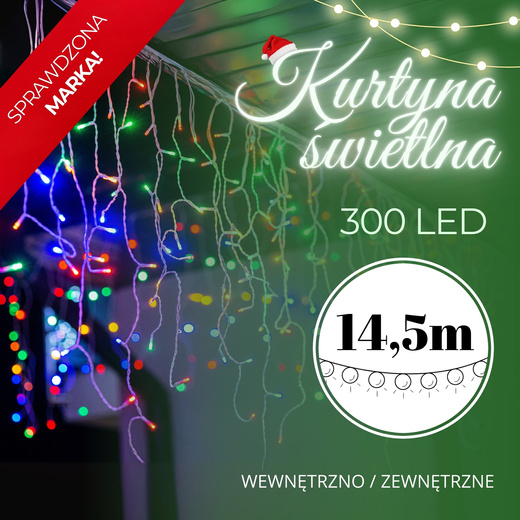Kurtyna świetlna 300 led girlanda, lampki wewnętrzno-zewnętrzne sople multikolor z zimnym białym flash