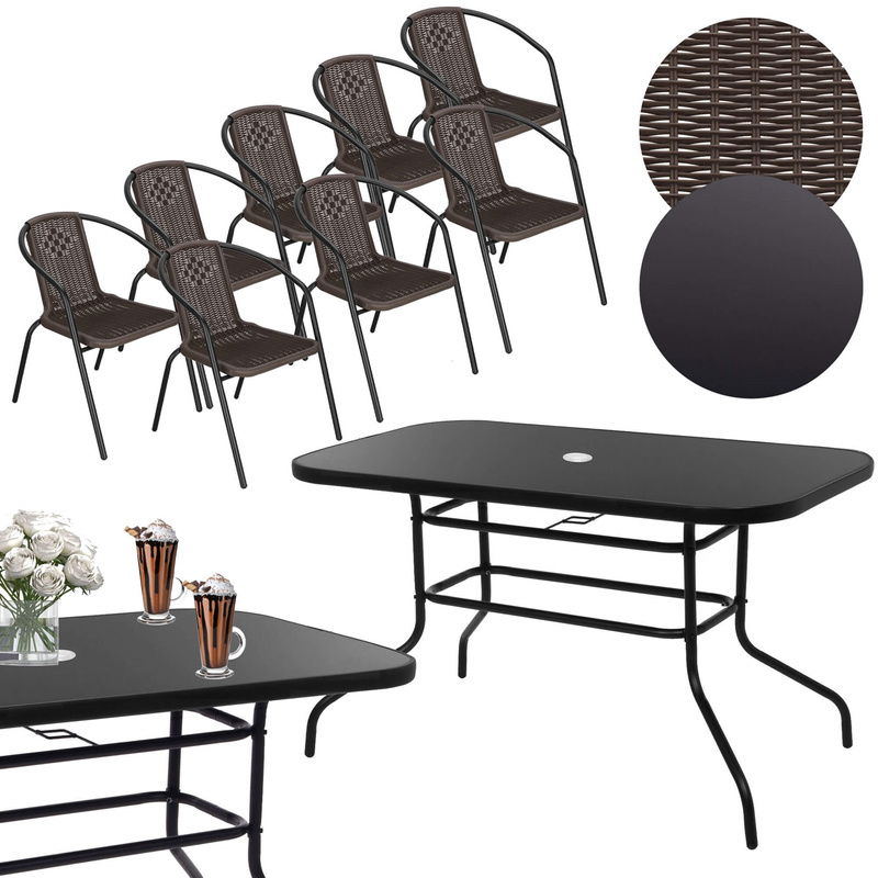 Meble ogrodowe metalowe zestaw stół i 8 krzeseł na taras balkon czarno-brązowe