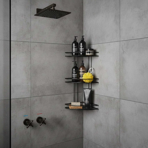 Półka łazienkowa narożna pod prysznic 3 poziomy, wisząca, czarna