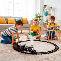 Pociąg z wagonami dla dzieci z mgiełką i dźwiękami, lokomotywa parowa z torami na baterie