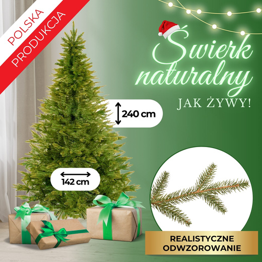 Choinka sztuczna 240 cm świerk naturalny jak żywy, ze stojakiem nowoczesny gęsty