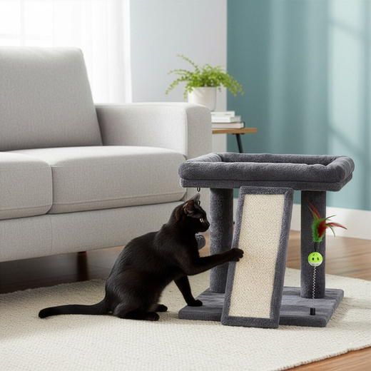Drapak dla kota, dwa poziomy, legowisko z drabinką i sizalem do drapania, grafitowy