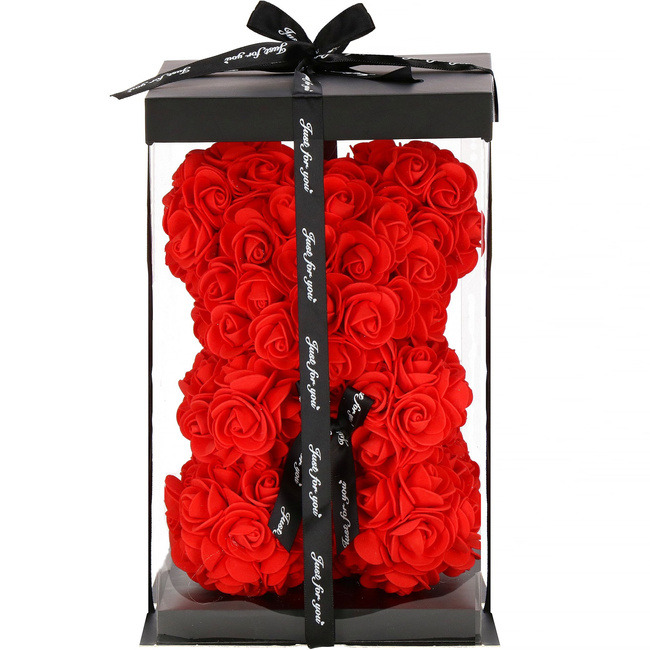 Miś z płatków róż czerwony 22 cm rose bear z kokardką