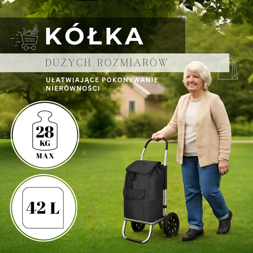 Wózek na zakupy, walizka zakupowa dla seniora 42 l torba na kółkach czarna