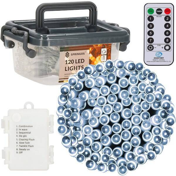 Lampki choinkowe 120 Led biały zimny z programatorem i pilotem na baterie