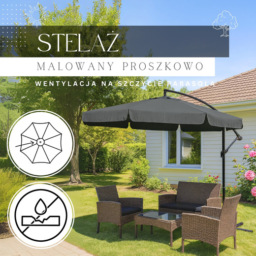 Parasol ogrodowy na wysięgniku 350 cm z regulacją kąta nachylenia na balkon, taras grafitowy