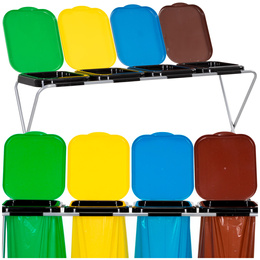 Stojak na worki na śmieci 4 komory kosz do segregacji odpadów, stelaż z pokrywami