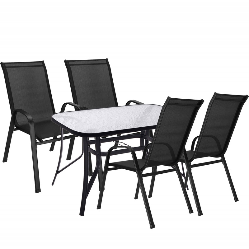 Meble ogrodowe zestaw na taras dla 4 osób: metalowe 4 krzesła i stół z bezbarwnym szklanym blatem, czarny
