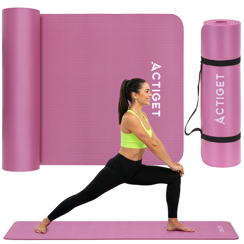 Mata do ćwiczeń 183x61 cm antypoślizgowa NBR do jogi, stretchingu z uchwytem różowa