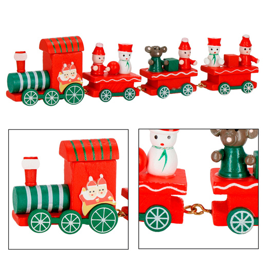 Drewniany pociąg z wagonikami, dekoracja, ozdoba świąteczna, wystrój wnętrz