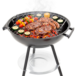 Grill węglowy, zamykany pokrywą okrągły, ruszt 41 cm przenośny, czarno-czerwony