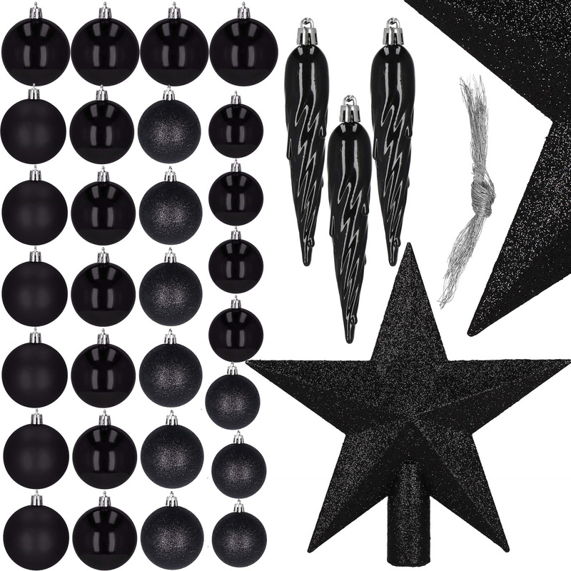 Bombki choinkowe 33 szt. ozdoby świąteczne zestaw z gwiazdą czarne