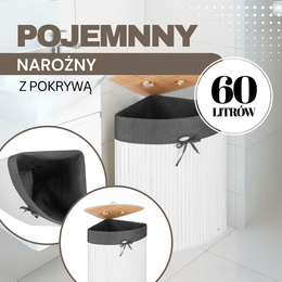 Pojemnik na pranie 60L narożny biały kosz z klapą bambus naturalny 
