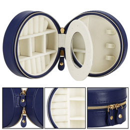 Szkatułka na biżuterię okrągła 11x5 cm granatowy organizer z przegródkami ekoskóra