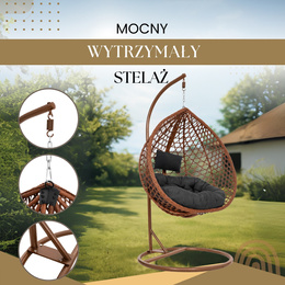 Kokon ogrodowy rattanowy z poduszkami fotel wiszący bujak huśtawka na metalowym stelażu brązowa